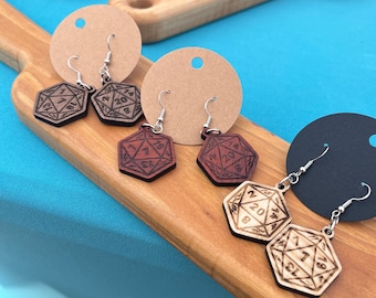 Laser Cut Wooden D20 Earrings - Nat 20 and Nat 1