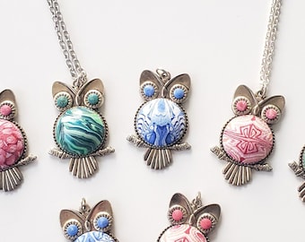 Owl Pendant Necklace Handmade Polymer Clay Millefiori Jewelry