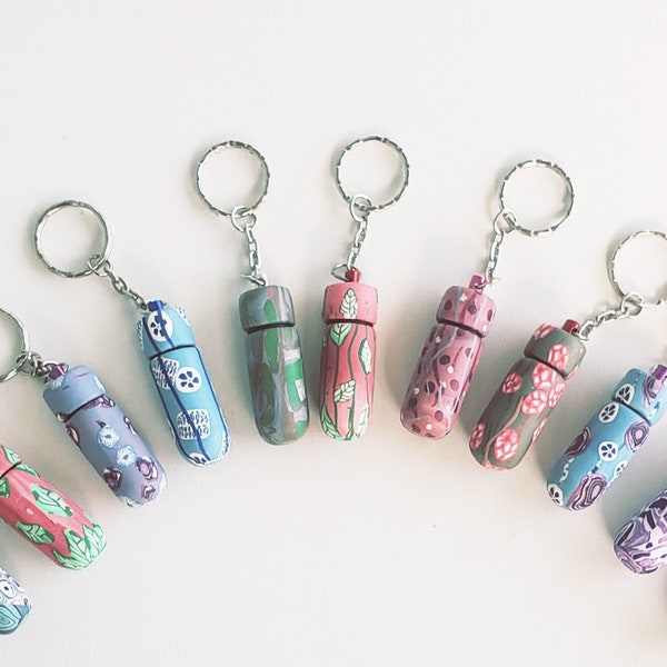 Pill Holder Keychain, Secret Compartment, Pill Case, Key Ring, Gift Keychain Handmade Polymer Clay, Stocking Stuffer, Ready to ship.
