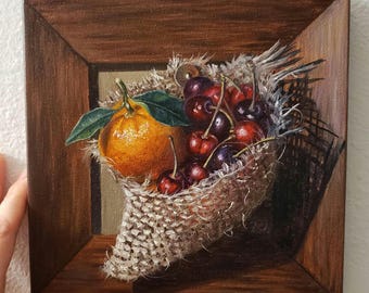 Thanksgiving Original Oil Paintings Handpainted Small 8x8 inch Harvest Fruits Trompe-l'oeil Traditional Still Life Art