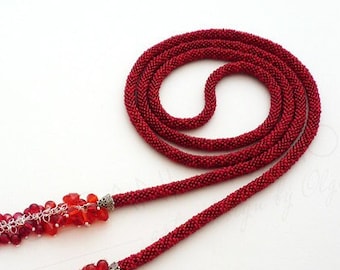 Long Necklace Red Berries, Lariat Bead Crochet Rope, Tassels Necklace, Seed Bead Necklace, Gift for her. Ready to ship.