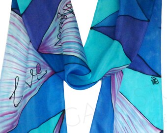 Blue Scarf Handpainted Silk 'Live Love Laugh' Design Long scarf 8x71 inches