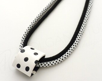 Black White Seed Bead Crochet Necklace Polka Dot Polymer Clay Pendant Classic