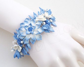 Blue White Floral Corsage Bracelet: Polymer Clay Wedding Artisian Jewelry