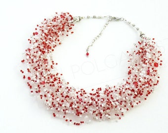 Choker Red White Floating Illusion Necklace - Multistrand Bead Crochet Necklace, Airy Necklace for Prom, Birthday, Christmas. READY TO SHIP.