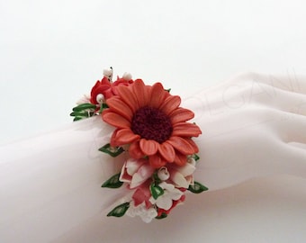 Handgelenk Corsage Rot Grün Orange Handgemachte Polymer Clay Floral Stretch Kleines Armband
