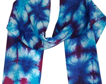 Blue Purple Pink Shibori Sailk Scarf Hand Dyed 11x59 inches