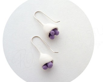 White Purple Earrings Flower Bud ,Handcrafted Polymer Clay Sterling Silver, Modern Jewelry