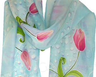 Silk Scarf Tulips Hand Painted in Soft Blue. Spring Here  Long Scarf. Wearable Art. Something Blue, READY TO SHIP