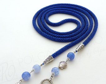 Blue Long Necklace Handmade Bead Crochet Lariat: Multistrand Transformer Jewelry