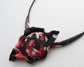 Red Black  Pendant Necklace Modern Art Statement Handmade Jewelry Polymer Clay  Flame inside
