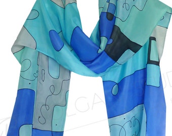 Blue Turquoise Silk Scarf Hand Painted Abstract Modern Design 15x60 inches