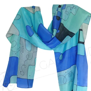 Blue Turquoise Silk Scarf Abstract Modern Design  Playground Hand Painted, 15x60 inches, Ready to ship.
