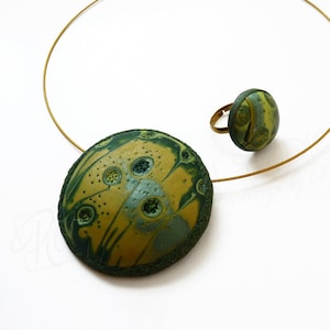 Green Pendant Necklace and Ring Jewelry Polymer Clay , Modern Art Summer, Dark Green Forest,Statement Jewelry. Ready to ship. image 2