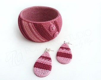Handmade Polymer Clay Jewelry Set: Sterling Silver Earrings & Bangle Bracelet