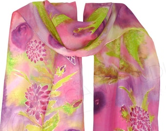 Handbemalter Seidenschal Dahlie Garten Blumen Kunst Pink Lila Grün, 40x150cm