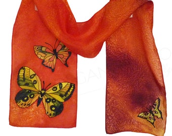 Butterflies Silk Scarf Orange Yellow Black, Hand Painted. Gift for her. Small scarf. 8x53 inches. READY TO SHIP.