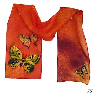 Butterflies Silk Scarf Orange Yellow Black, Hand Painted. Gift for her. Small scarf. 8x53 inches. READY TO SHIP.
