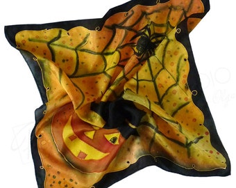 Halloween Small Square Silk Scarf Orange Black Hand Painted  Bandana 21x21 inches
