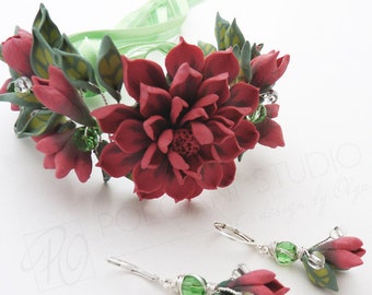 Rote Blumen Schmuck Set Polymer Clay Blumen Armband und Ohrringe Botanischer Schmuck Sommer Abschlussball Hochzeit Accessoire Handmade Geschenk für Sie