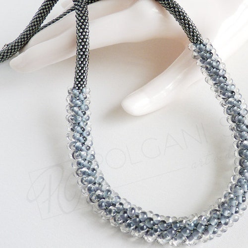 Necklace Grey Silver shops Beadwork, Bead Crochet NEkclace, Gift for her, Wife, Mother, Sister gift. Ready to ship.