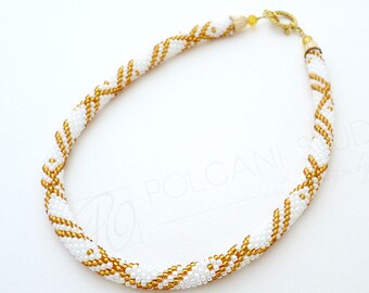 Bead Crochet Halskette Handmade Weiß & Gold Rocailles Perlenschmuck