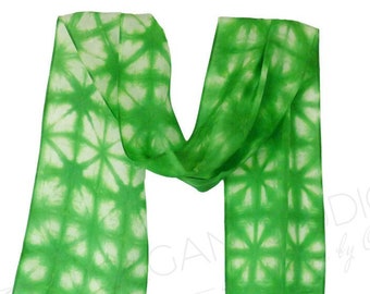 Green White Scarf Silk Natural Hand Dyed Shibori Gift for her, Long Scarf 8x72 inches, Ready to ship.