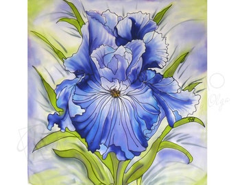 Iris Handbemalte Seidenkunst, kleiner viereckiger Schal, Wandbehang 21x21inches,Fibre Art
