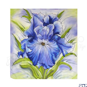 Iris Handpainted Silk Art to Wear, Batik, Small Square Scarf, Wall Hanging 21x21inches, Fiber Art, Silk Painting, Ready to ship.