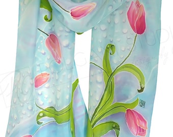 Seidenschal Tulpen Handbemalter weicher blauer langer Schal 14 x 170 cm