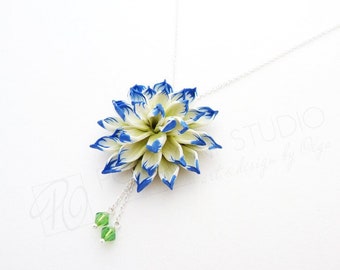 Blume Anhänger Halskette Sterling Silber Seerose Handgemachte Blaue Polymer Clay Chrysantheme