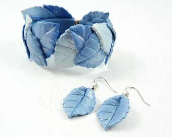 Hinged Bangle Bracelet Blue, Cuff Bracelet and Earrings Set Polymer Clay Handmade Frozen Leaves, Ready to ship.