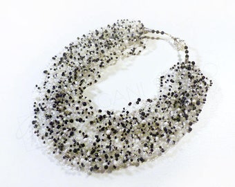 Black and White Seed Bead Necklace Crochet Multistrand Illusion Airy