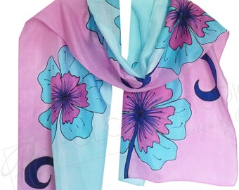 Pink and Blue Flowers Silk Scarf Handpainted Habotai Silk 15X60 inches