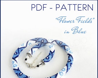 Bead Crochet Pattern, Seed Bead Necklace Pattern, Crochet Rope Pattern Flower Fields in Blue PDF-pattern, Instant Download.