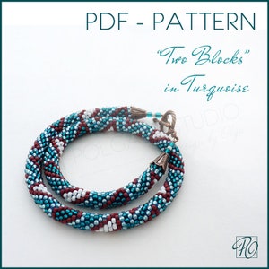 Bead Crochet Pattern Seed Bead Necklace Pattern Geometric Two Blocks in Turquoise PDF pattern, Instant Download.
