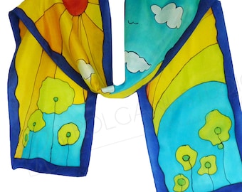 Seidenschal Blau Gelb Rot Sommer Handbemalt Kleines Tuch 20x140 cm
