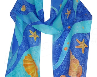 Handbemalter Seidenschal,Ozean Muschel Strandschal, Luxus Accessoires für Frauen, Einzigartiges Geburtstagsgeschenk, 30x58 cm