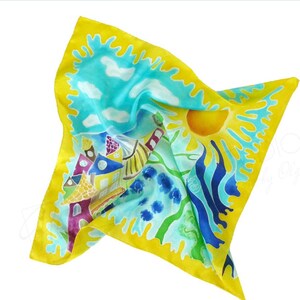 Multicolor Silk Scarf Hand Painted Square, Bandana Scarf 21x21inch, Neckerchief, Hair Scarf Silk Blue Yellow Green, Sky Sunny, READY TO SHIP
