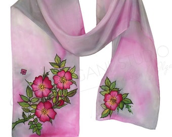 Wild Roses Silk Scarf Hand Painted Pink and Gray Floral Small 8x52 inches