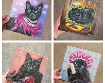 Original Black Cat Oil Paintings Handpainted Small 8x8 inch Art Gift Cat Lovers