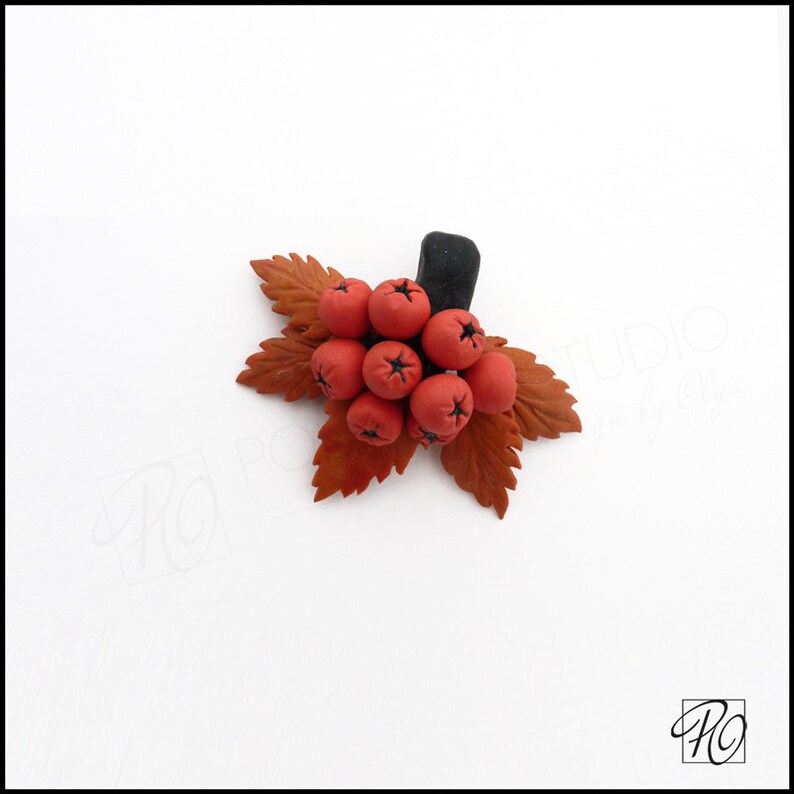 Brooch Fall Berries Mountain Ash Orange Black Coat Pin Handmade Polymer Clay image 1