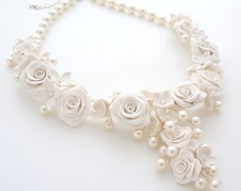 Floral Bridal Necklace: Handmade Polymer Clay Roses & Swarovski Pearls