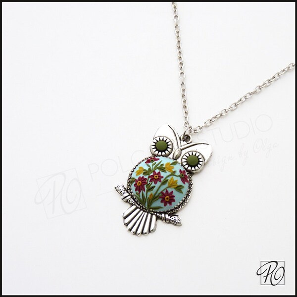 Owl Pendant Necklace Handmade Polymer Clay Jewelry Multicolor Flowers Necklace Embroidery Filigree PEndant, Ready to shp.