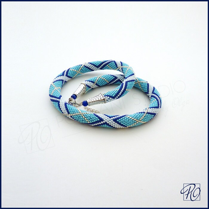 Blue Necklace Bead Crochet Rope Blue White Seed Bead Jewelry Etsy UK