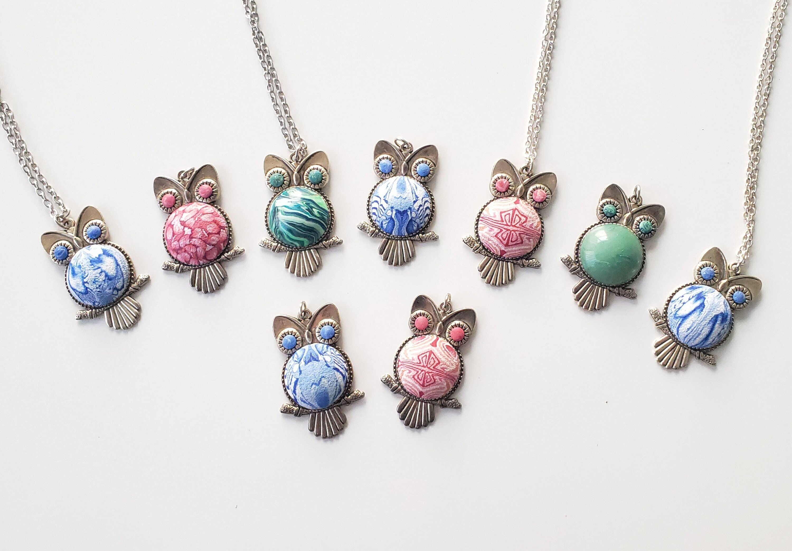 Owl Pendant Necklace Handmade Polymer Clay Millefiori Jewelry
