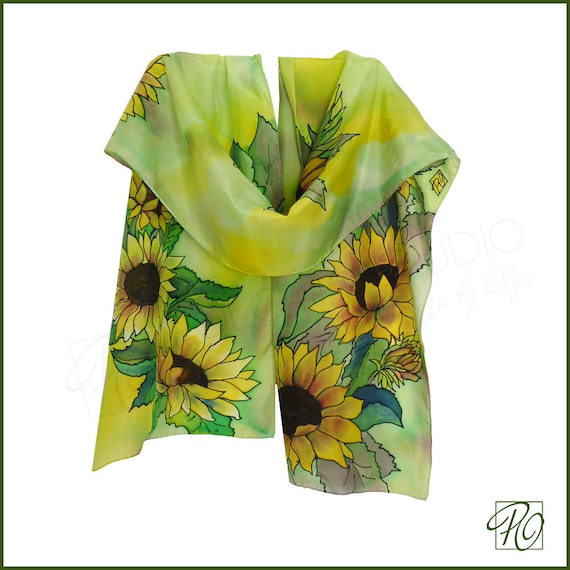 Sunflowers Silk Scarf Hand Painted Designer Scarf Luxury One-of-a-kind 14 x 68 inches