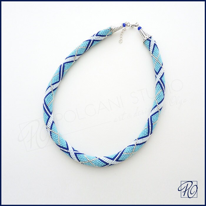 Blue Necklace Bead Crochet Rope Blue White Seed Bead Jewelry Etsy UK