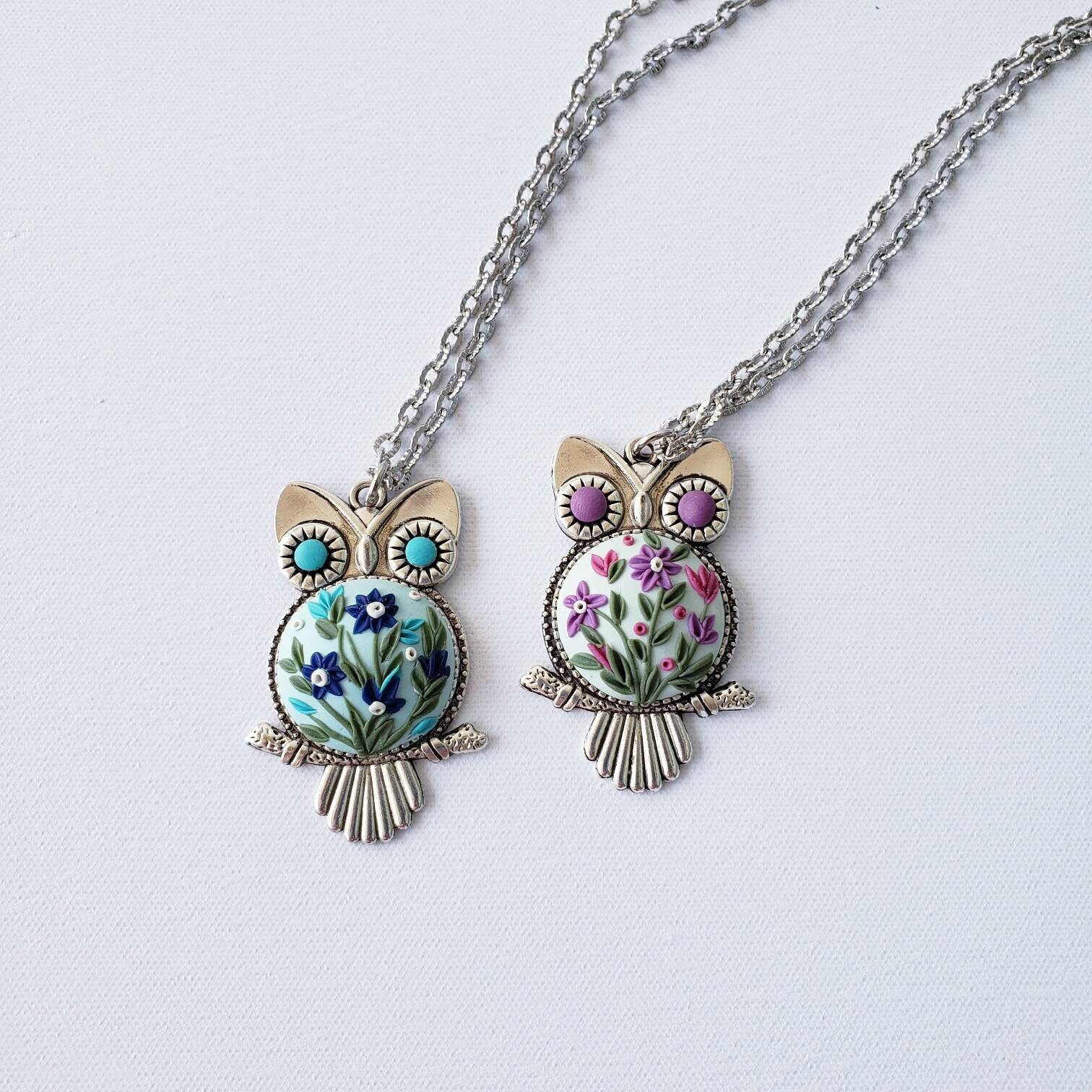 Owl Pendant Necklace Teal Blue Purple Flowers Handmade Polymer Clay Embroidery, Filigree Design, Gif