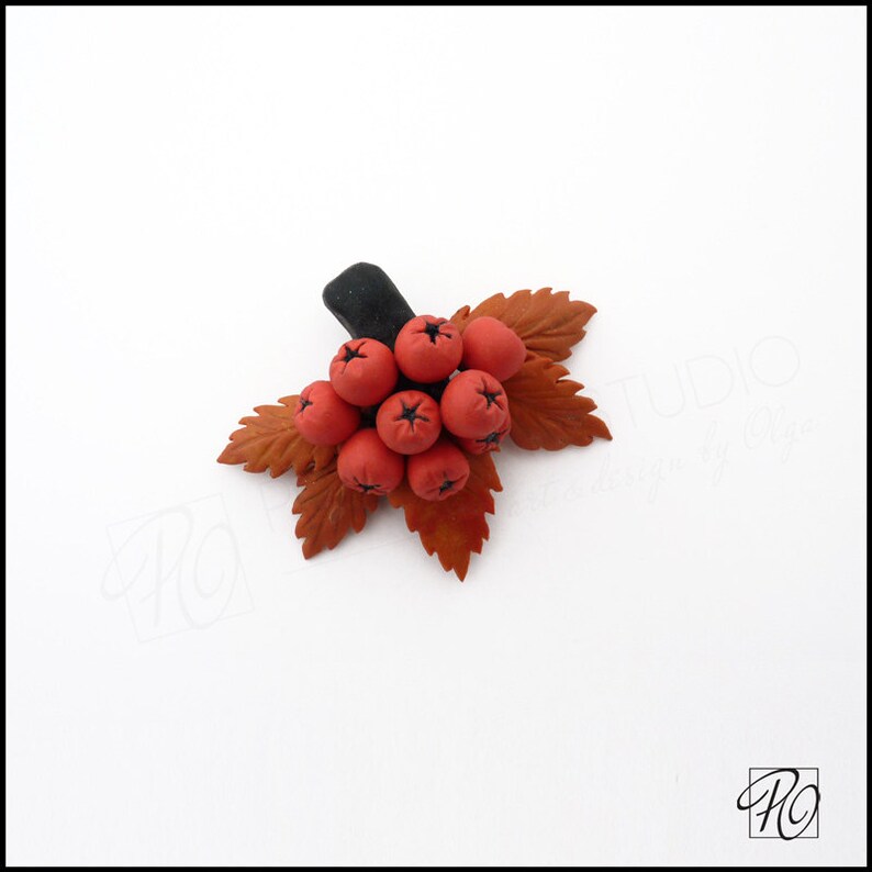 May include: A handmade polymer clay brooch featuring a cluster of red berries with black centers, set against a backdrop of brown leaves.